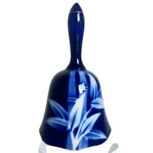 Vtg Cobalt Blue Porcelain Bell White Bamboo Design Gold Trim Chain Clapper‎